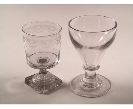 RUMMERS.
Two 19th century rummers, one with lemon squeezer base & cut decorated bowl.