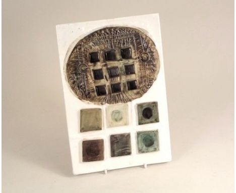 TROIKA POTTERY.
An early Troika Pottery, St.Ives white glazed wall plaque. Painted Trident mark.  27.5 x 18.5cm. This plaque 