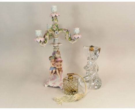 MISCELLANEOUS.
A Dresden style, three-branch candelabra with figural stem, height 49cm, a Sevres French glass lamp base, heig