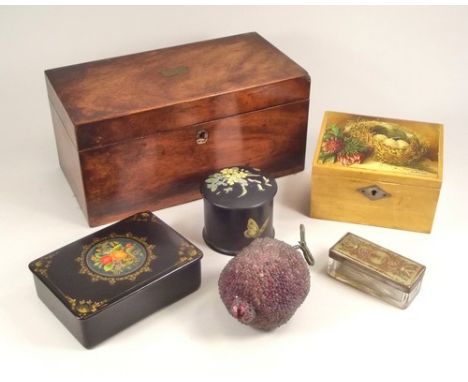 TEA CADDY ETC.
A Victorian mahogany tea caddy with matched mixing bowl, three other various boxes & a beaded pomegranate etc.
