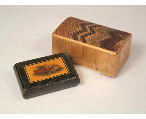 BOXES.
A small straw work box, 3.5x6.5x2.5cm & a 19th century wooden snuff box (hinge damaged).