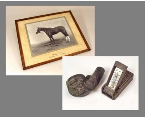 HORSE PORTRAIT ETC.
A photographic portrait of a racehorse, 'Kingbird', a Swiss miniature thermometer from Chesieres etc.