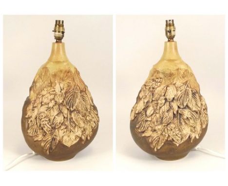 ART POTTERY LAMPBASE.
An art pottery lamp base decorated with applied birds & leaves. Initialled 'TR'? Height 37cm.