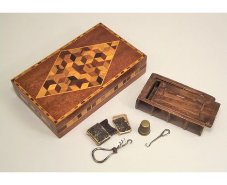 BOXES ETC.
A box with parquetry tumbling blocks inlaid lid, an inlaid book shaped box, button hooks etc.