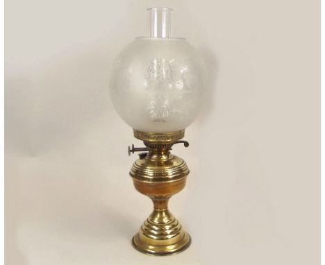 OIL LAMP.
A brass oil lamp with etched shade. Height 50cm.
PLEASE NOTE:  Our in-house, postal shipping service is NOT availab
