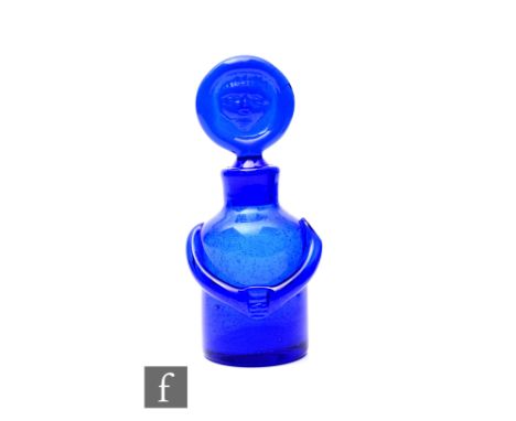 Erik Höglund for Boda, a mid Century Scandinavian blue glass People flask, of shouldered cylindrical form, with applied arms 