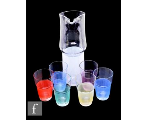 Bengt Orrup for Johansfors, A mid Century Swedish glass water set, the jug of stepped conical form with opaque opal combed ba
