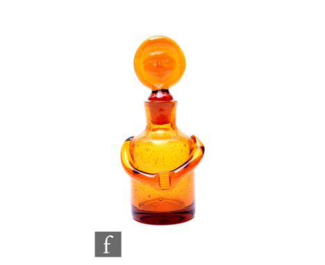 Erik Höglund for Boda, a mid Century Scandinavian amber glass People flask, of shouldered cylindrical form, with applied arms