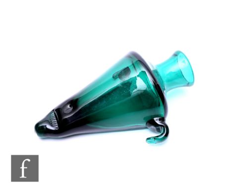 Erik Höglund for Boda, a mid Century Scandinavian green glass flask, of flat-back conical form, with applied short bowed arms