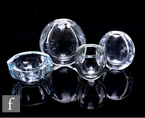 Sven Palmqvist for Orrefors, a 20th Century free-formed optical crystal vase, of flattened spherical form, height 15cm, toget