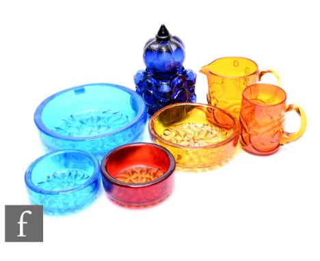 Lars Hellsten for Skruf, a collection of mid Century Scandinavian coloured glass, including heavy circular blue glass bowl wi