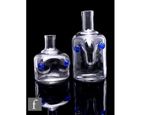 Erik Höglund for Boda, a mid Century Scandinavian mould blown figural torso flask with applied blue roundels, engraved marks 