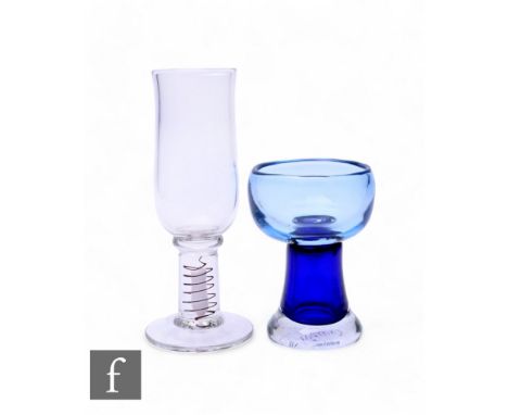 Erik Höglund for Chribska, a later 20th Century cased glass chalice, ovoid bowl on flared stem pale blue over dark blue core,