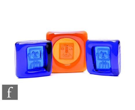 Erik Höglund for Boda, two mid Century Scandinavian Stick Man blue glass slab dishes, of square form, each impressed with sty