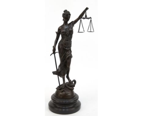 Bronze "Justitia", - mit Waage und Schwert auf Buch und Schlange stehend, Nachguß, braun patiniert, bezeichnet "Meyer", Gieße