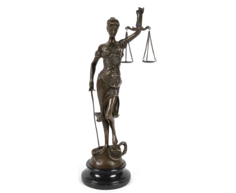Bronze "Justitia", - mit Waage und Schwert auf Buch und Schlange stehend, Nachguß, braun patiniert, bezeichnet "Meyer", Gieße