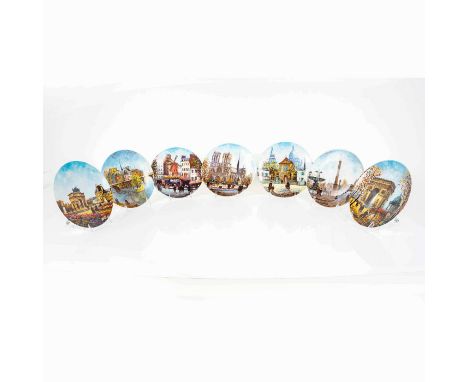 Assorted porcelain limited edition plates, depicting scenes of Paris, France. Includes 'L'Arc de Triomphe' (H0 025), 'Le Jard