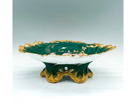 A beautiful hand painted green footed bowl with gilded spray trims and flowers in the center. M R France backstamp. Issued: c