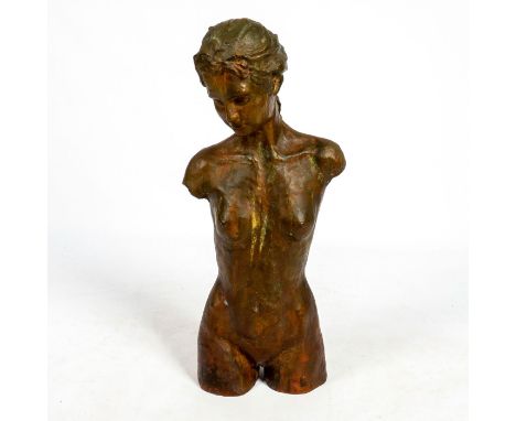 Lost wax casting method bronze statue of a nude young woman with a thick braid falling on her back as she looks down with a f