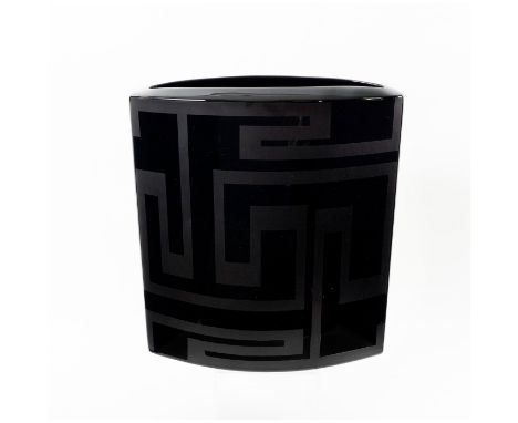 A glossy black art deco vase with matte Greek key pattern. Rosenthal Versace Dedalo backstamp on the base. Dimensions: 12"L x