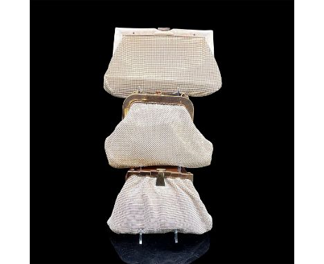 Three light tan metal mesh handbags with hand straps. The largest is 9"L x 6.5"W x 2.25"H. Condition: Age related wear. Some 