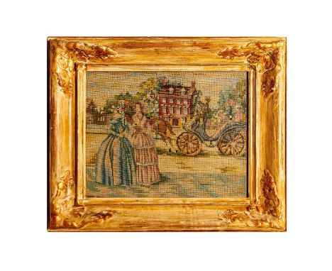 This hand-made tapestry in pastel colors is knit with small stitches for the figures, horse, and buggy. The house and trees, 