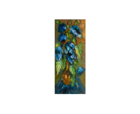 Vintage painting depicting a golden vase with blue flowers. Artist signed lower center. Artist: BelantiDimensions: 7.25"W x 1