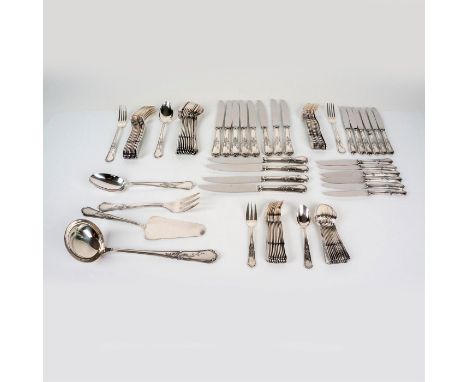 Silver plated table utensils with embossed flowers. Includes 1 serving fork (10"L x 1.5"W), 1 serving spoon (10"L x 2"W), 1 l