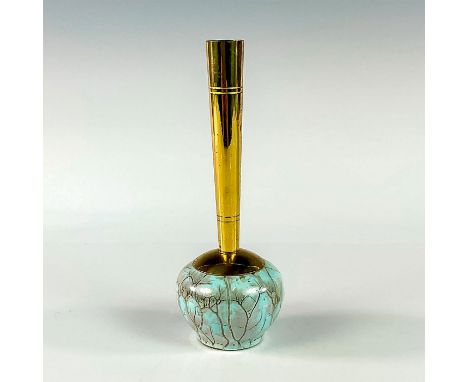 Turquoise with lustre finish and branch patterning. Round body. Narrow brass spout.Hand Painted Delft Holland on bottom. This