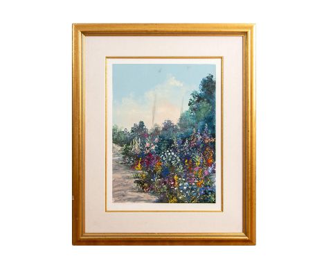 Titled: September Pleasure II is a color lithograph representing a lush garden with Autumn flowers of all colors and varietie