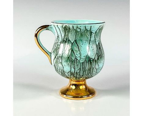 Turquoise toned with lustre finish &amp; branch patterning. With handle. Brass rim, handle, and base.Holland on bottom. This 