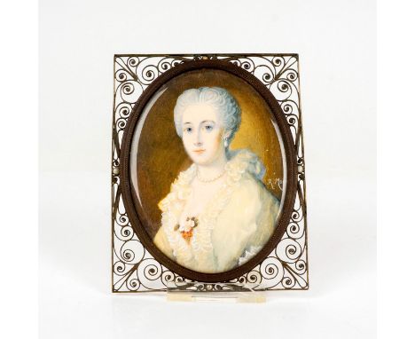 A small hand-painted portrait of a French woman in white dress. Artist signed on the middle right R.Moire or R.Moiro. Souveni