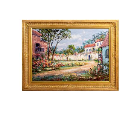 Titled: Courtyard (Marbledust). Original work signed by artist bottom left. Impasto painted over stretched canvas housed in a