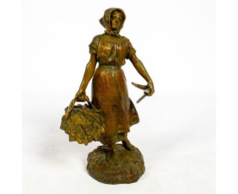 Bronze sculpture of a beautiful young farmer girl carrying a heavy load of wheat and a pitchfork walking barefoot. Signature 