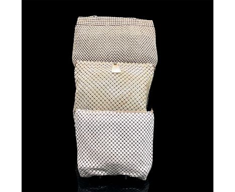 Three light tan metal mesh handbags with hand straps. The largest is 12"L x 8"W x 0.75"H. Condition: Age related wear. Some d