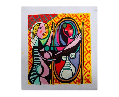 Acrylic painting on canvas of a bulbous woman looking in a mirror, painted with the colorful palette that Pablo Picasso (1881