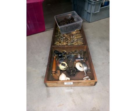 A quantity of vintage sash window pulley wheels &amp; brass plated hooks etc.