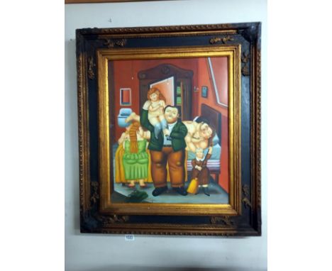 A framed print in the style of Beryl Cook, 85 x 74 cm.
