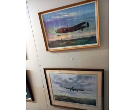 A framed and glazed print of The battle of Britain memorial flight and a signed print of an Avro Shackleton.  Collect Only.