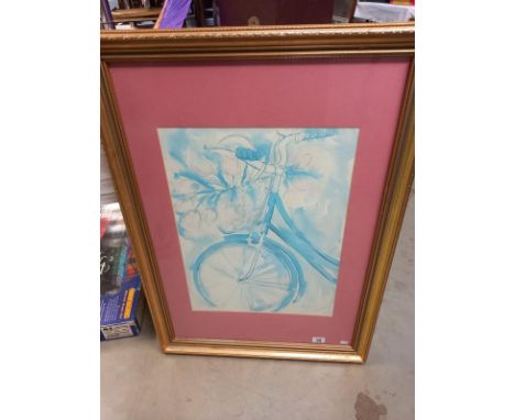 A large gilt framed print of a watercolour of a vintage bicycle (66cm x 92cm) COLLECT ONLY