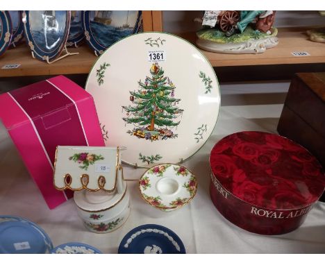 A Spode Christmas tree plate and Royal Albert Old Country Roses musical wishing well and tea light stand. Collect Only.