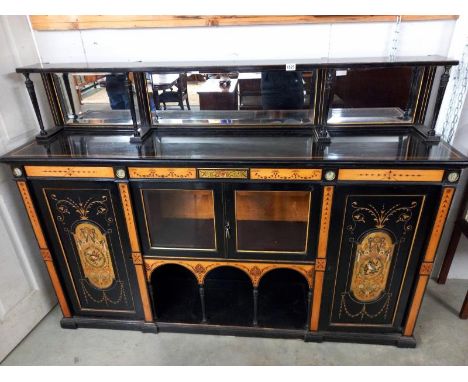 A Victorian hand painted and inlaid ebonised credenza. COLLECT ONLY. Just a single shelf above, generally in good condition, 