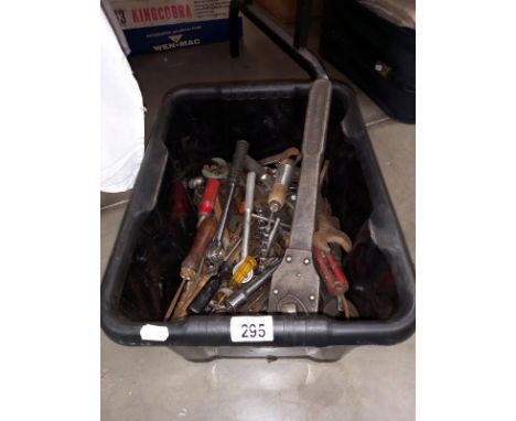 A box of various hand tools, including spanners &amp; ratchets etc.