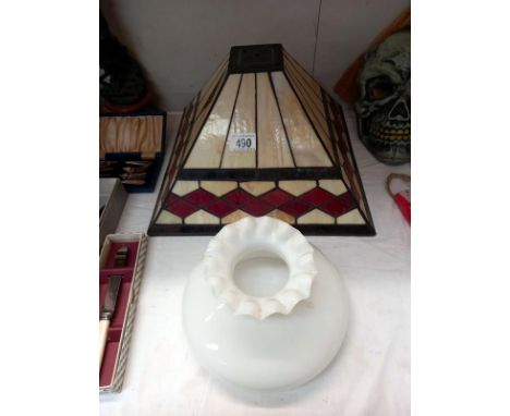 A Tiffany style lamp shade and a white lamp shade. Collect Only.