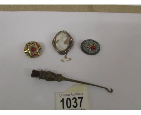 Two Micro Mosaic brooches, a cameo brooch and an owl button hook.The button hook is brass. The owl is missing one eye.
