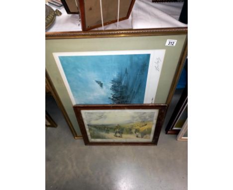 A large gilt framed signed print guns of war and 1 other military themed print.