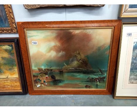 A bird's eye maple framed and glazed print on glass, possibly St. Michael's Mount, Cornwall.