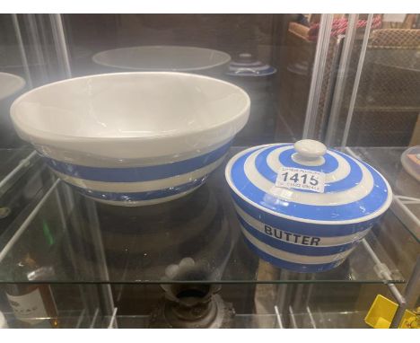 A large T.G. Green, Cornish ware. Mixing bowl and T.G. Green lidded butter dish.