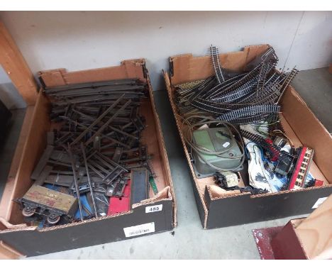 2 Boxes of Hornby 0 gauge and 00 track, plus rolling stock includes control unit M4183 carriage and 69567 engine. Collect Onl