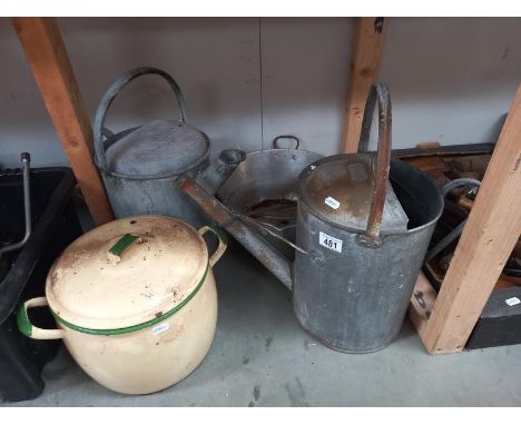 2 Vintage galvanised watering cans , jam pan and enamel lidded cooking pot. Collect Only.